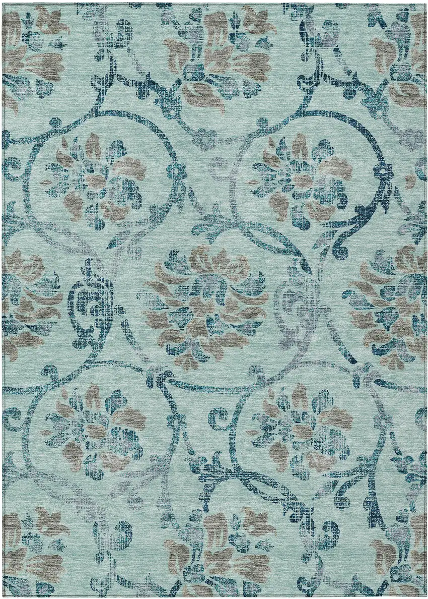 Teal Blue Gray And Aqua Floral Washable Indoor Outdoor Area Rug Photo 2