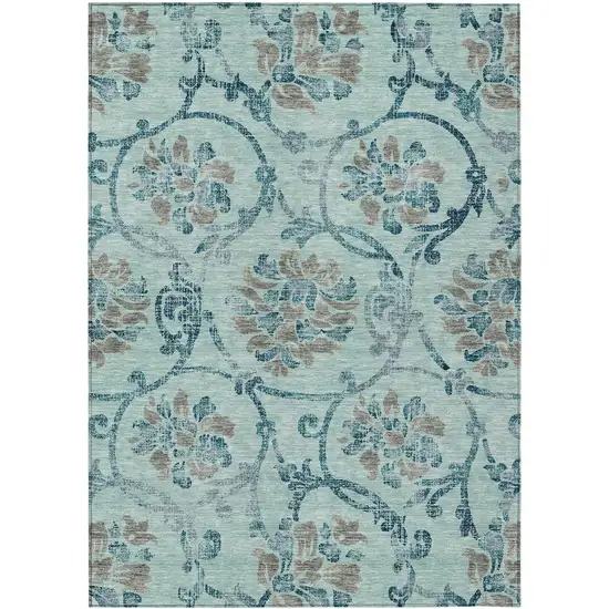 Teal Blue Gray And Aqua Floral Washable Indoor Outdoor Area Rug Photo 2