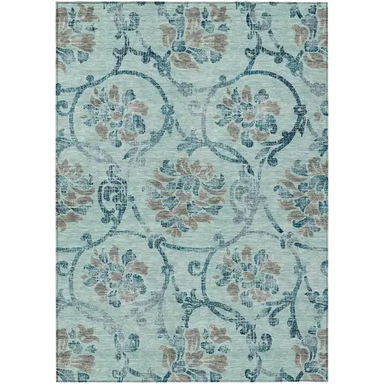 Teal Blue Gray And Aqua Floral Washable Indoor Outdoor Area Rug Photo 2