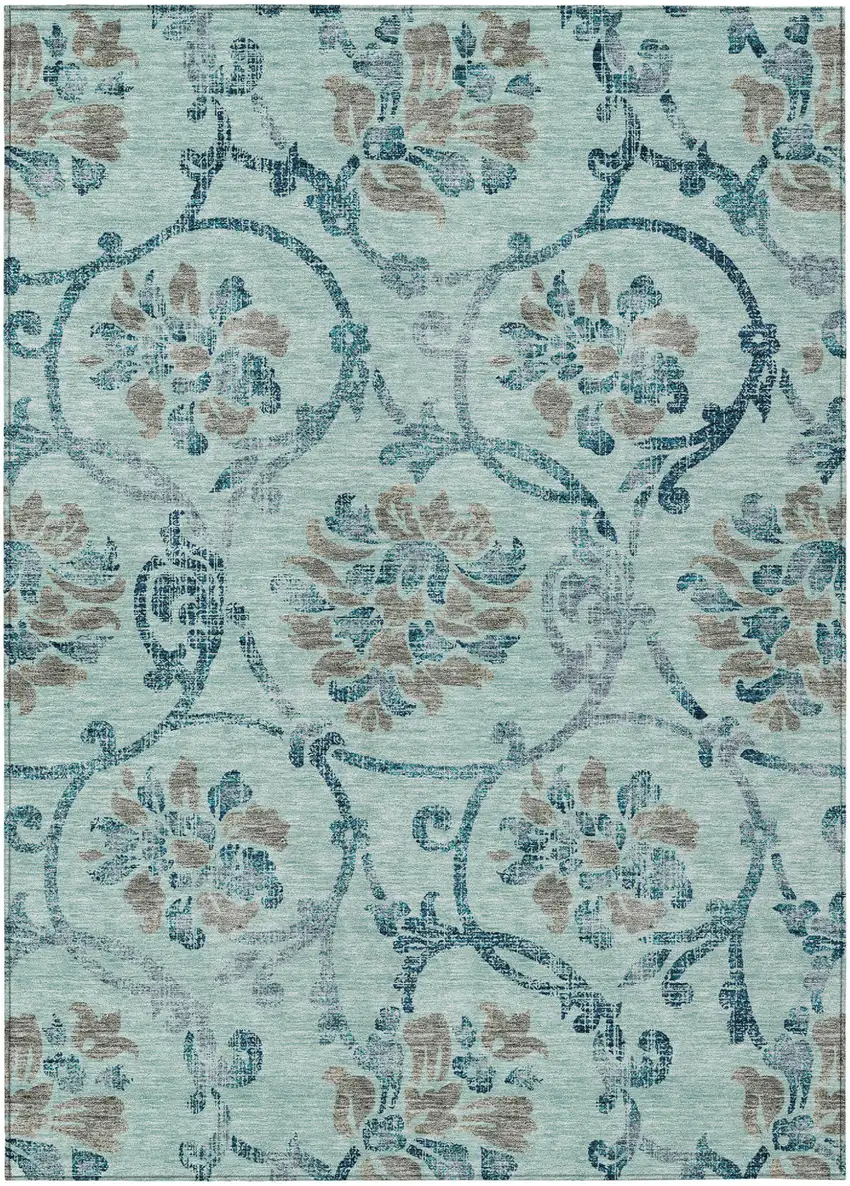Teal Blue Gray And Aqua Floral Washable Indoor Outdoor Area Rug Photo 2