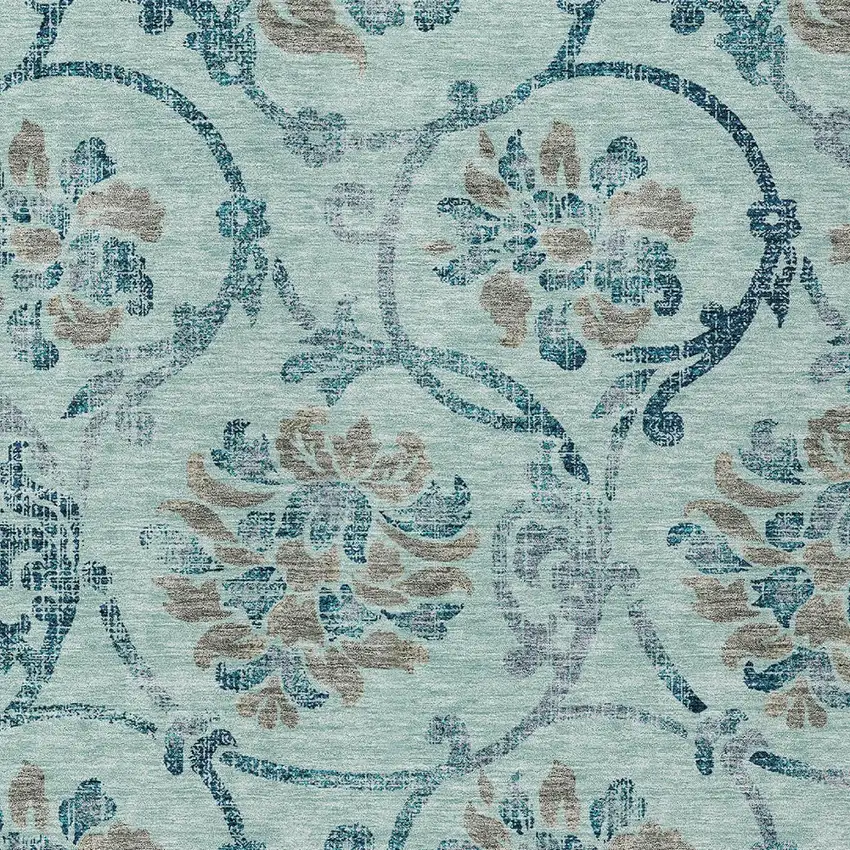 Teal Blue Gray And Aqua Floral Washable Indoor Outdoor Area Rug Photo 5