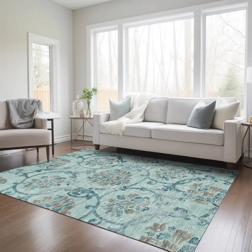Teal Blue Gray And Aqua Floral Washable Indoor Outdoor Area Rug Photo 9