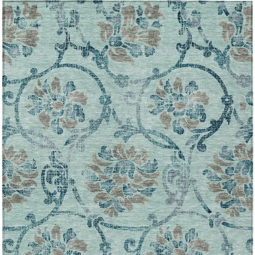 Teal Blue Gray And Aqua Floral Washable Indoor Outdoor Area Rug Photo 6