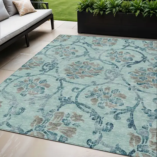 Teal Blue Gray And Aqua Floral Washable Indoor Outdoor Area Rug Photo 1