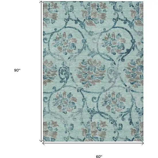 Teal Blue Gray And Aqua Floral Washable Indoor Outdoor Area Rug Photo 3