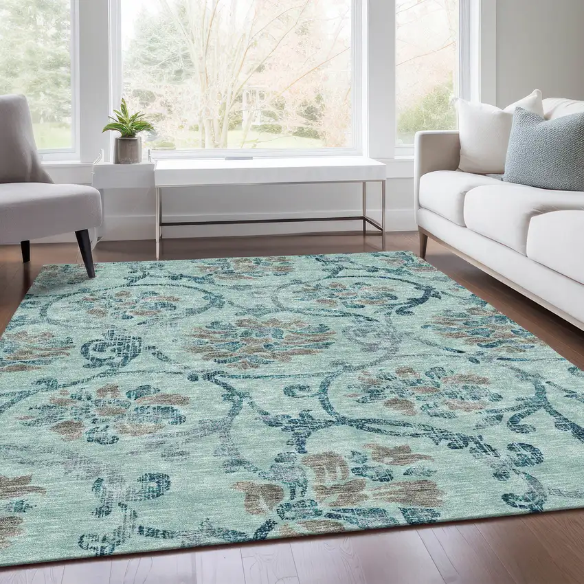 Teal Blue Gray And Aqua Floral Washable Indoor Outdoor Area Rug Photo 7