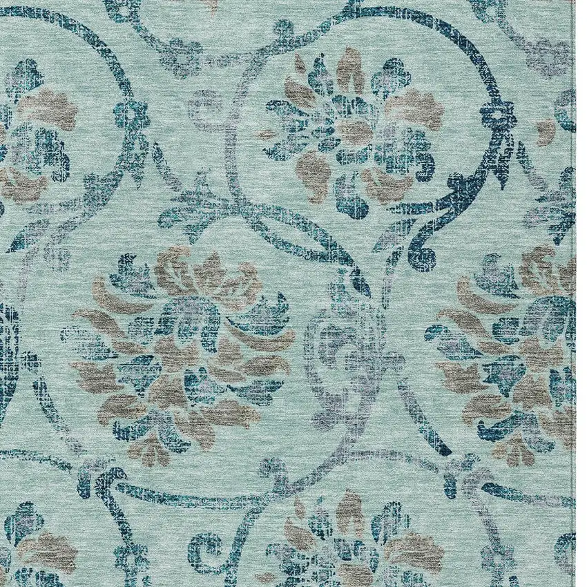 Teal Blue Gray And Aqua Floral Washable Indoor Outdoor Area Rug Photo 4