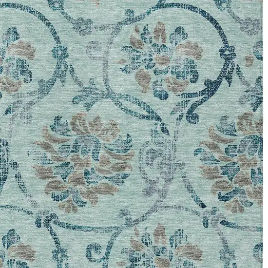 Teal Blue Gray And Aqua Floral Washable Indoor Outdoor Area Rug Photo 4
