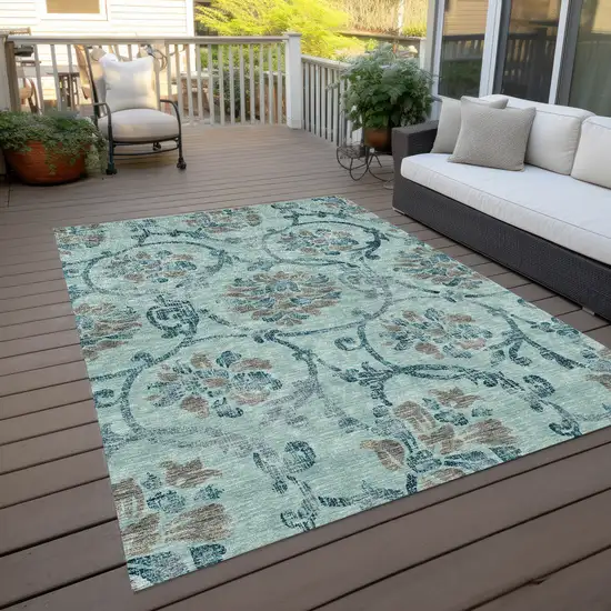 Teal Blue Gray And Aqua Floral Washable Indoor Outdoor Area Rug Photo 9