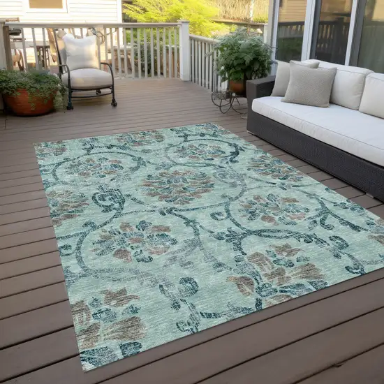 Teal Blue Gray And Aqua Floral Washable Indoor Outdoor Area Rug Photo 9
