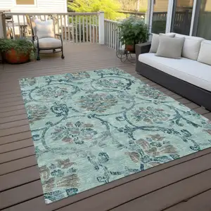 Photo of Teal Blue Gray And Aqua Floral Washable Indoor Outdoor Area Rug