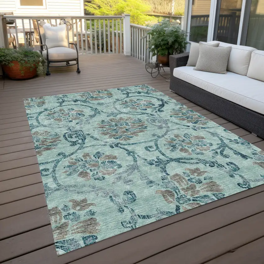 Teal Blue Gray And Aqua Floral Washable Indoor Outdoor Area Rug Photo 9