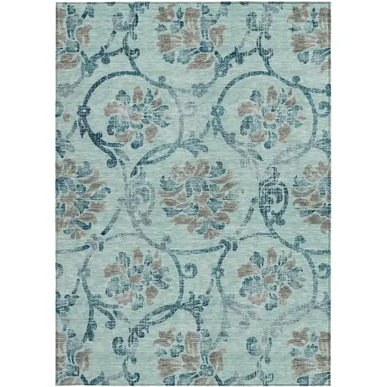 Teal Blue Gray And Aqua Floral Washable Indoor Outdoor Area Rug Photo 5
