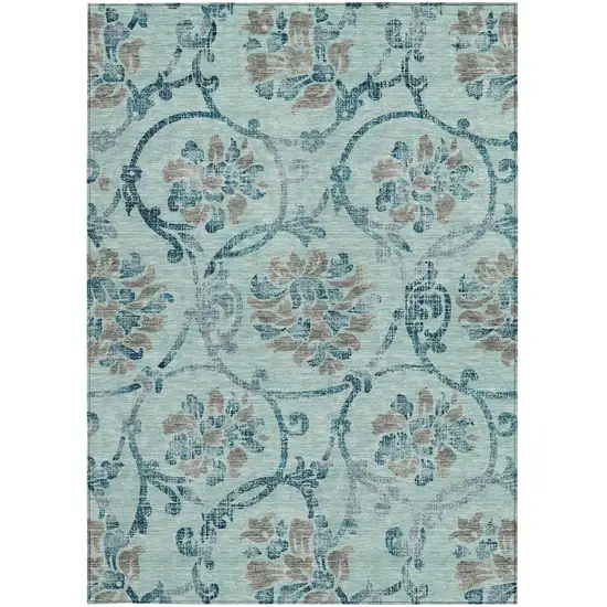 Teal Blue Gray And Aqua Floral Washable Indoor Outdoor Area Rug Photo 5