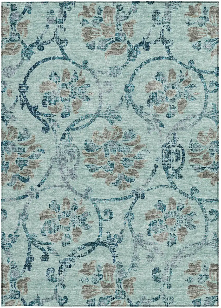 Teal Blue Gray And Aqua Floral Washable Indoor Outdoor Area Rug Photo 5