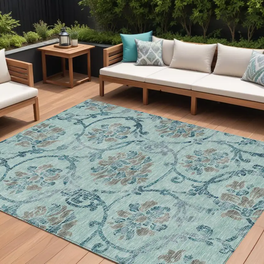 Teal Blue Gray And Aqua Floral Washable Indoor Outdoor Area Rug Photo 1