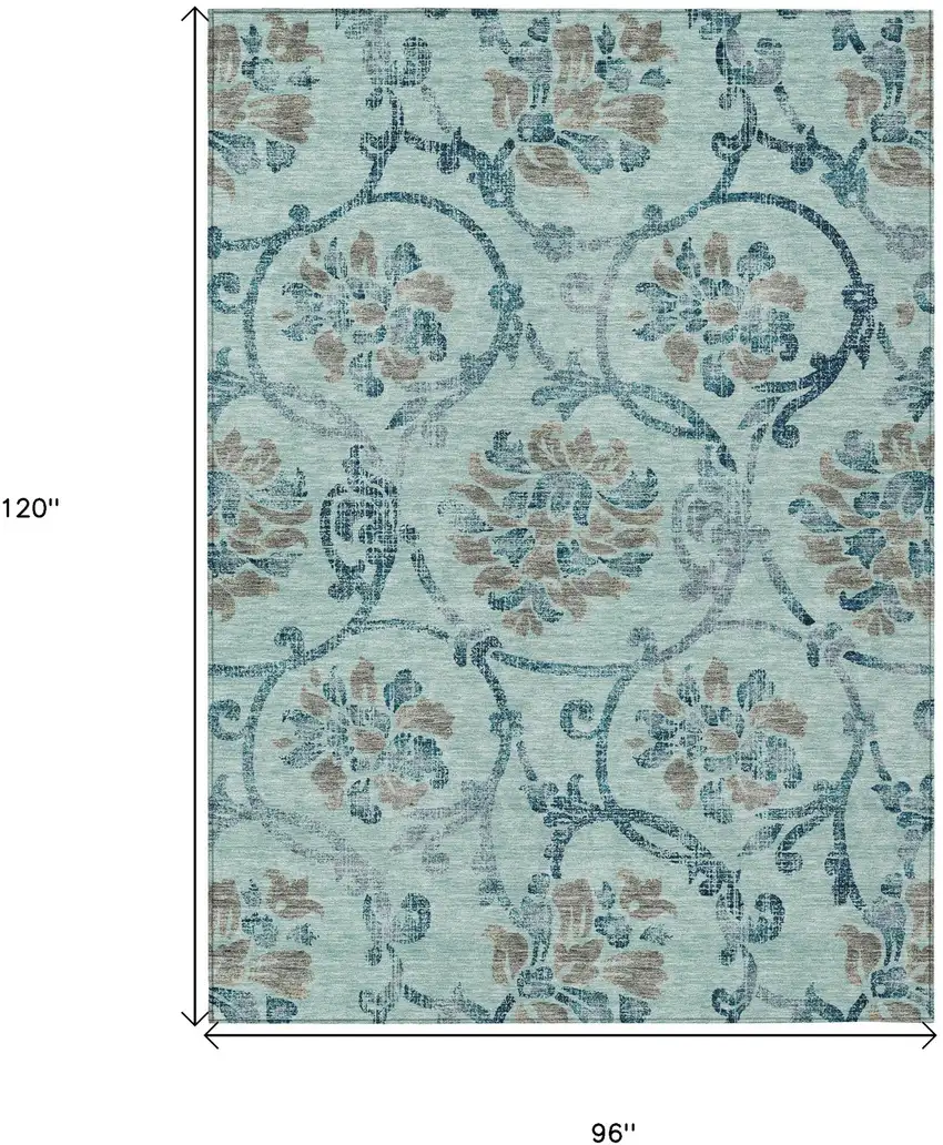 Teal Blue Gray And Aqua Floral Washable Indoor Outdoor Area Rug Photo 3