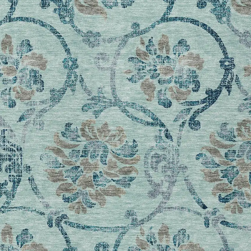 Teal Blue Gray And Aqua Floral Washable Indoor Outdoor Area Rug Photo 4