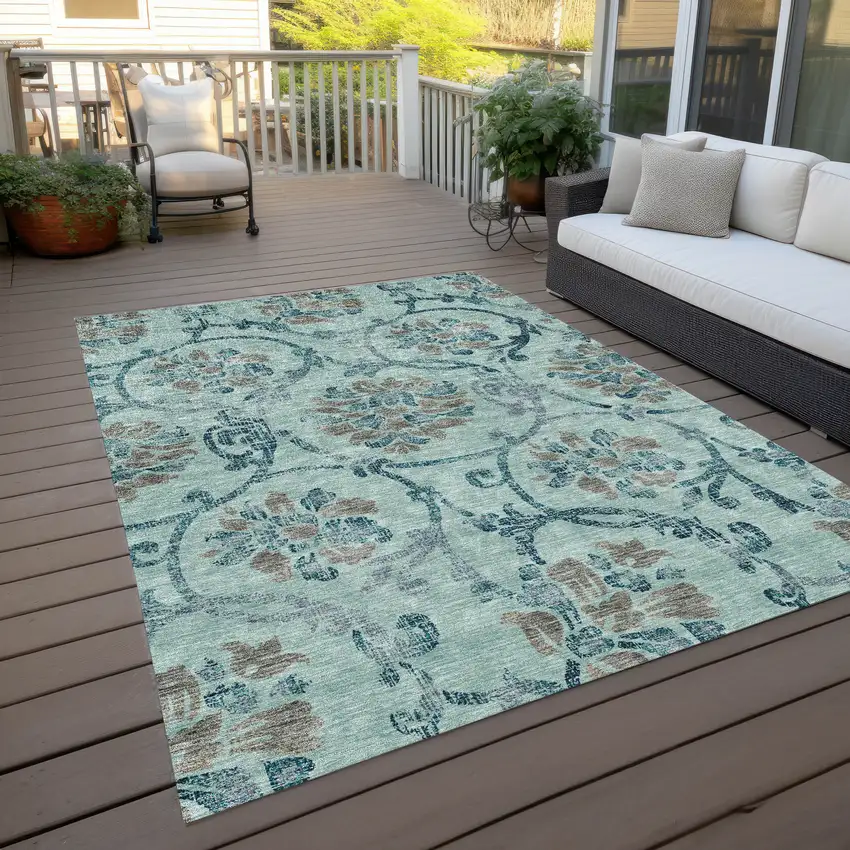 Teal Blue Gray And Aqua Floral Washable Indoor Outdoor Area Rug Photo 9