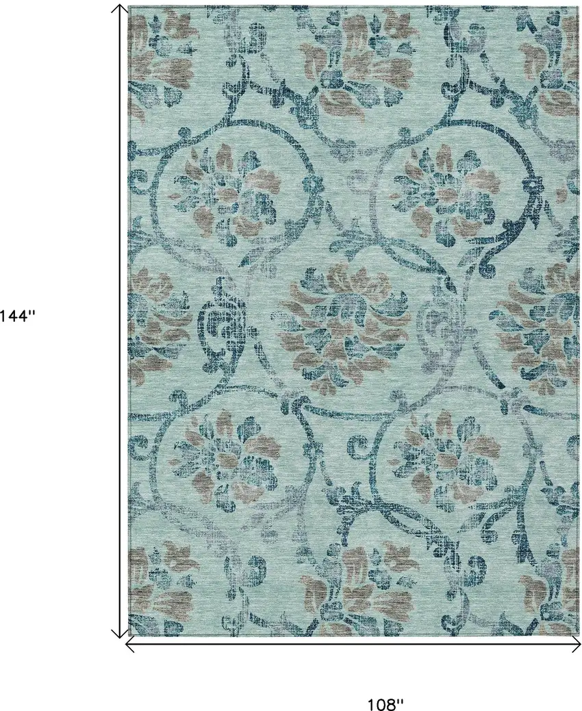 Teal Blue Gray And Aqua Floral Washable Indoor Outdoor Area Rug Photo 3