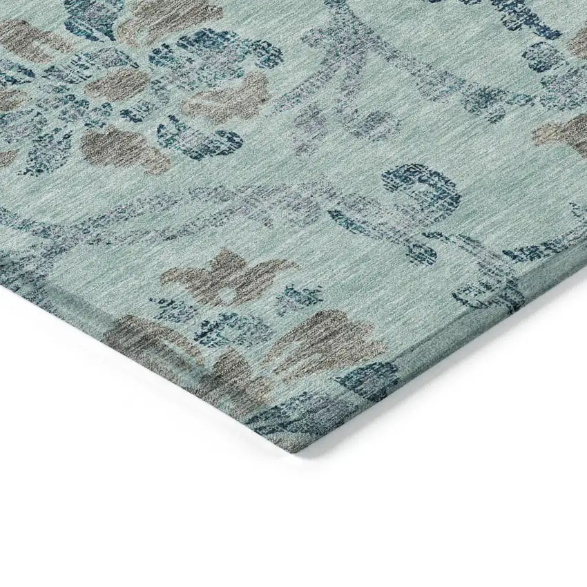 Teal Blue Gray And Aqua Floral Washable Indoor Outdoor Area Rug Photo 3