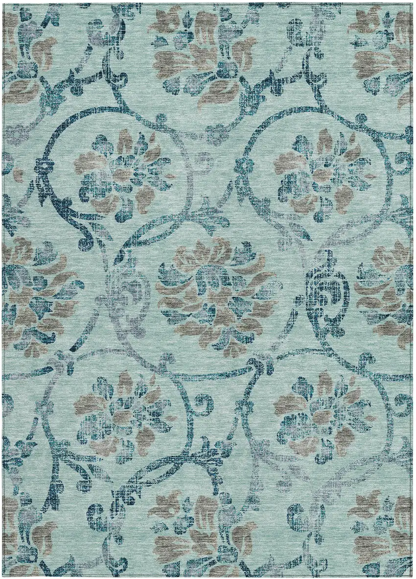 Teal Blue Gray And Aqua Floral Washable Indoor Outdoor Area Rug Photo 7