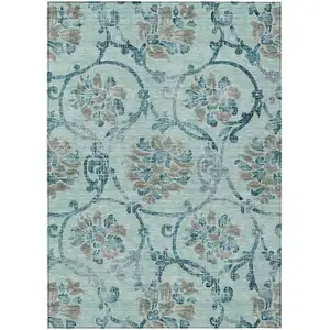 Photo of Teal Blue Gray And Aqua Floral Washable Indoor Outdoor Area Rug