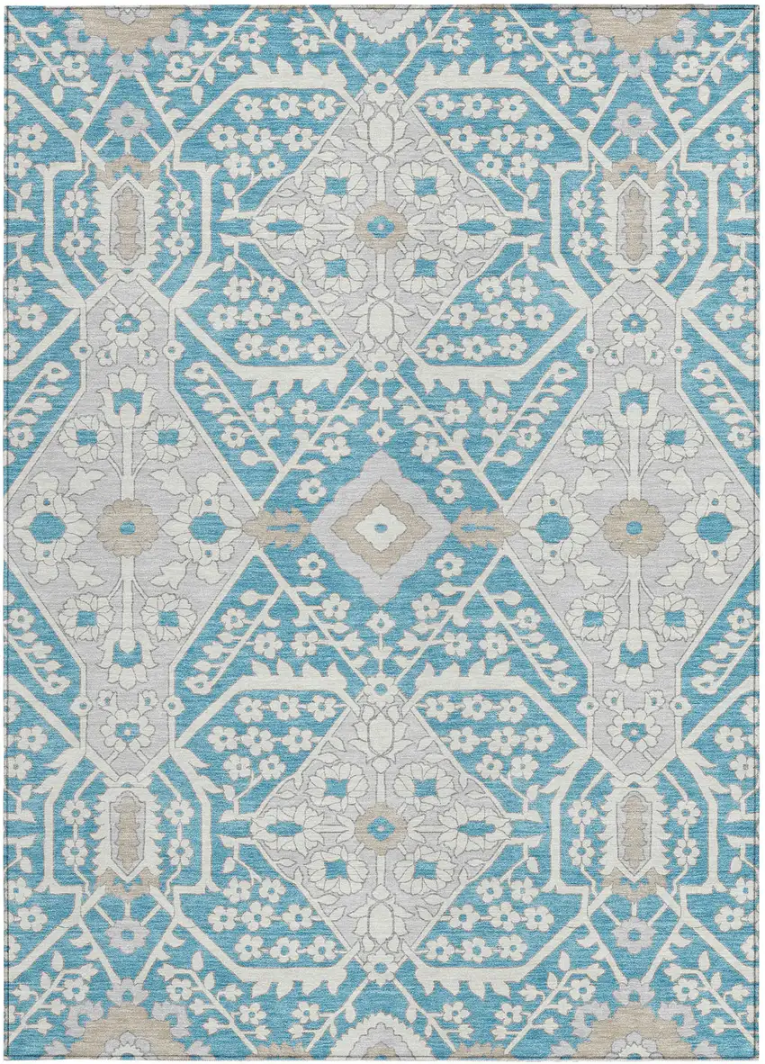 Teal Blue Gray And Beige Floral Washable Indoor Outdoor Area Rug Photo 8