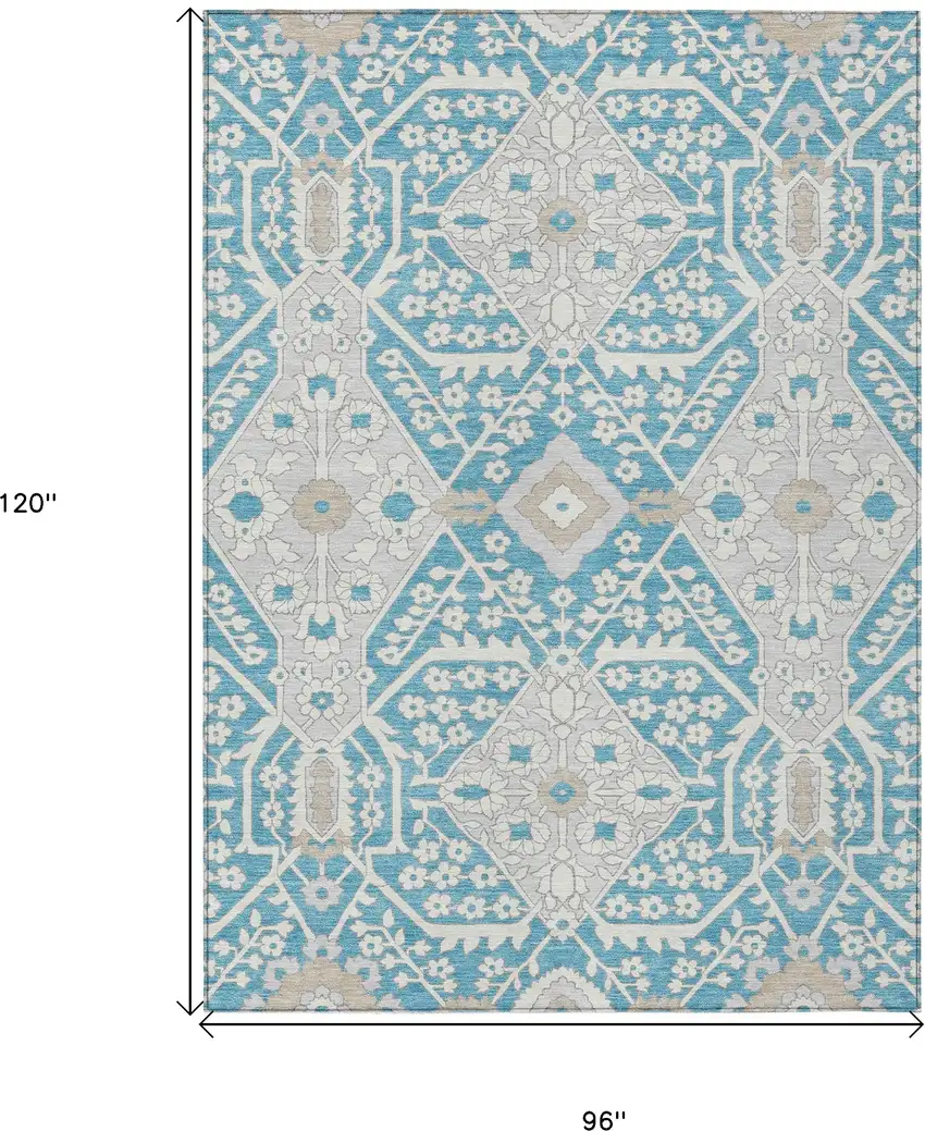 Teal Blue Gray And Beige Floral Washable Indoor Outdoor Area Rug Photo 3
