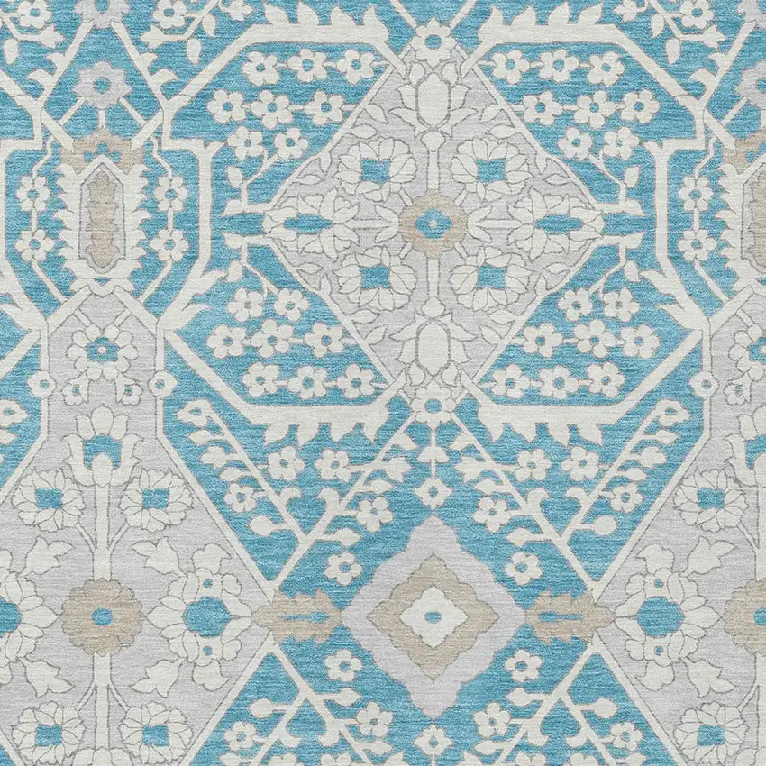 Teal Blue Gray And Beige Floral Washable Indoor Outdoor Area Rug Photo 6