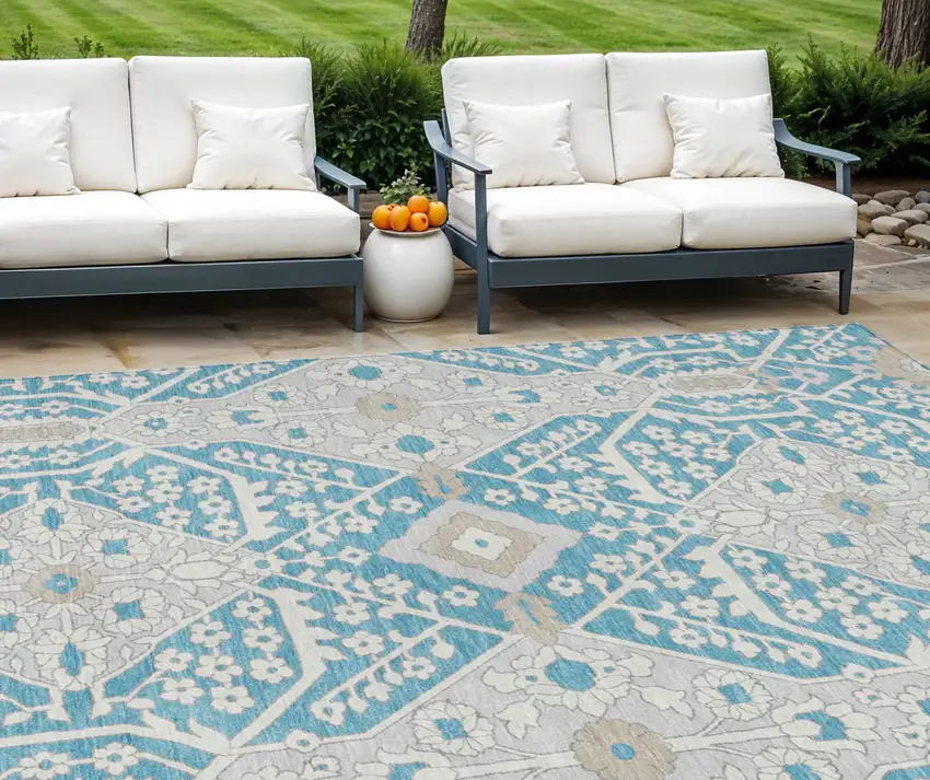 Teal Blue Gray And Beige Floral Washable Indoor Outdoor Area Rug Photo 1