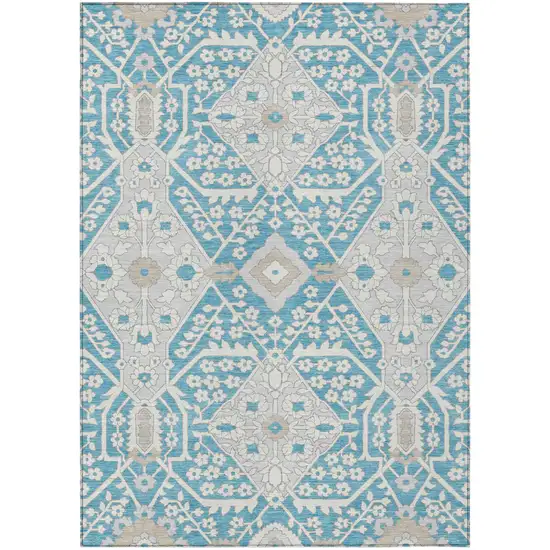 Teal Blue Gray And Beige Floral Washable Indoor Outdoor Area Rug Photo 2
