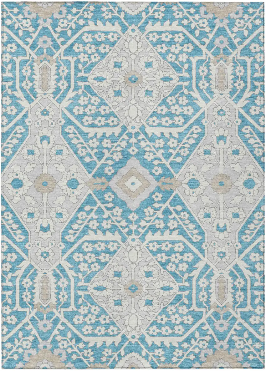 Teal Blue Gray And Beige Floral Washable Indoor Outdoor Area Rug Photo 2