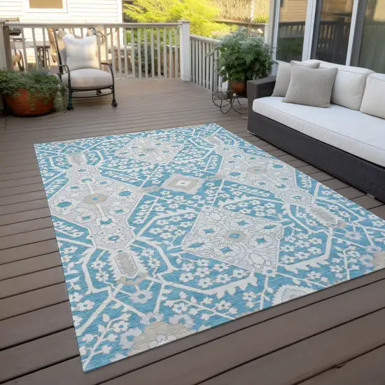 Teal Blue Gray And Beige Floral Washable Indoor Outdoor Area Rug Photo 9