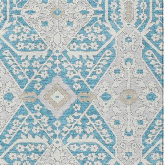 Teal Blue Gray And Beige Floral Washable Indoor Outdoor Area Rug Photo 6