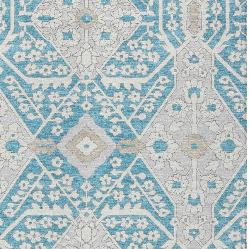 Teal Blue Gray And Beige Floral Washable Indoor Outdoor Area Rug Photo 6
