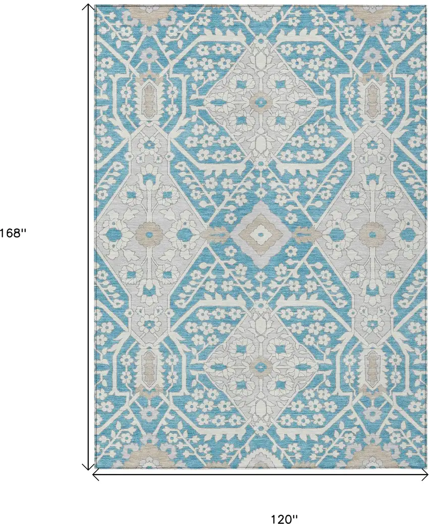 Teal Blue Gray And Beige Floral Washable Indoor Outdoor Area Rug Photo 3