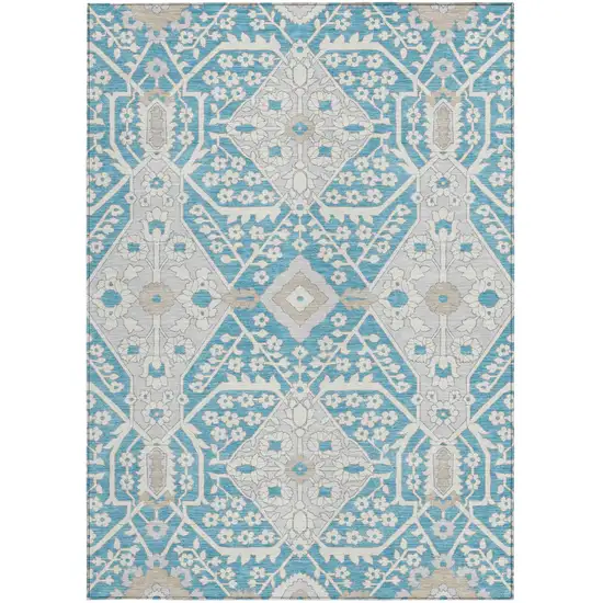 Teal Blue Gray And Beige Floral Washable Indoor Outdoor Area Rug Photo 8