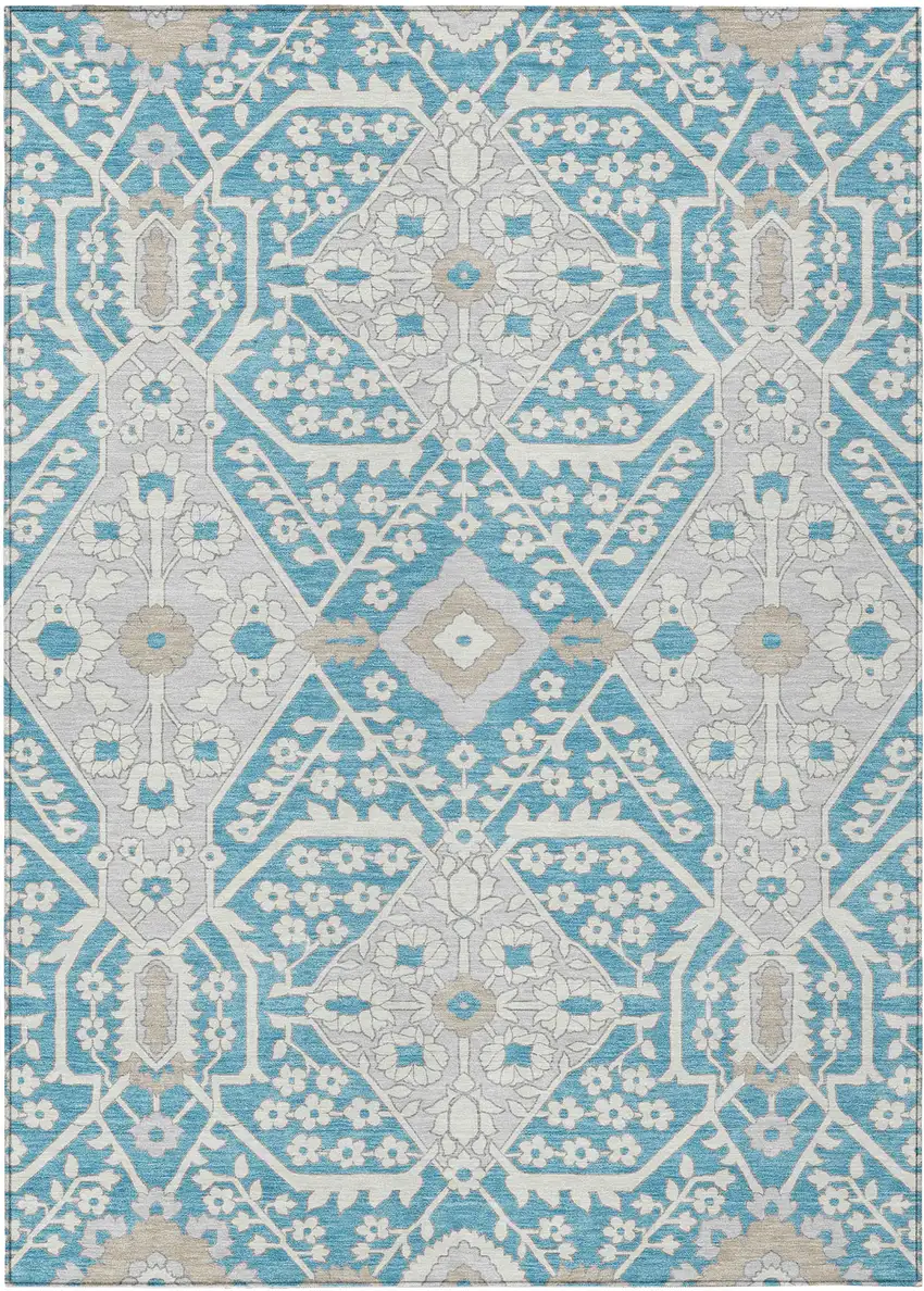Teal Blue Gray And Beige Floral Washable Indoor Outdoor Area Rug Photo 2
