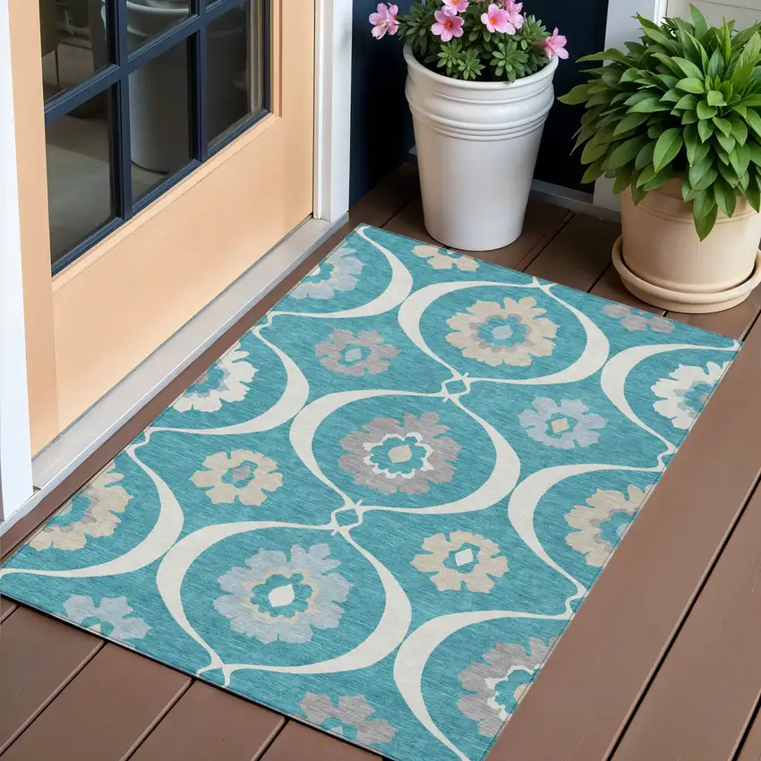 Teal Blue Gray And Beige Medallion Washable Indoor Outdoor Area Rug Photo 1