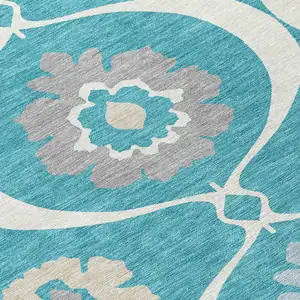 Photo of Teal Blue Gray And Beige Medallion Washable Indoor Outdoor Area Rug