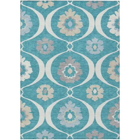 Teal Blue Gray And Beige Medallion Washable Indoor Outdoor Area Rug Photo 2