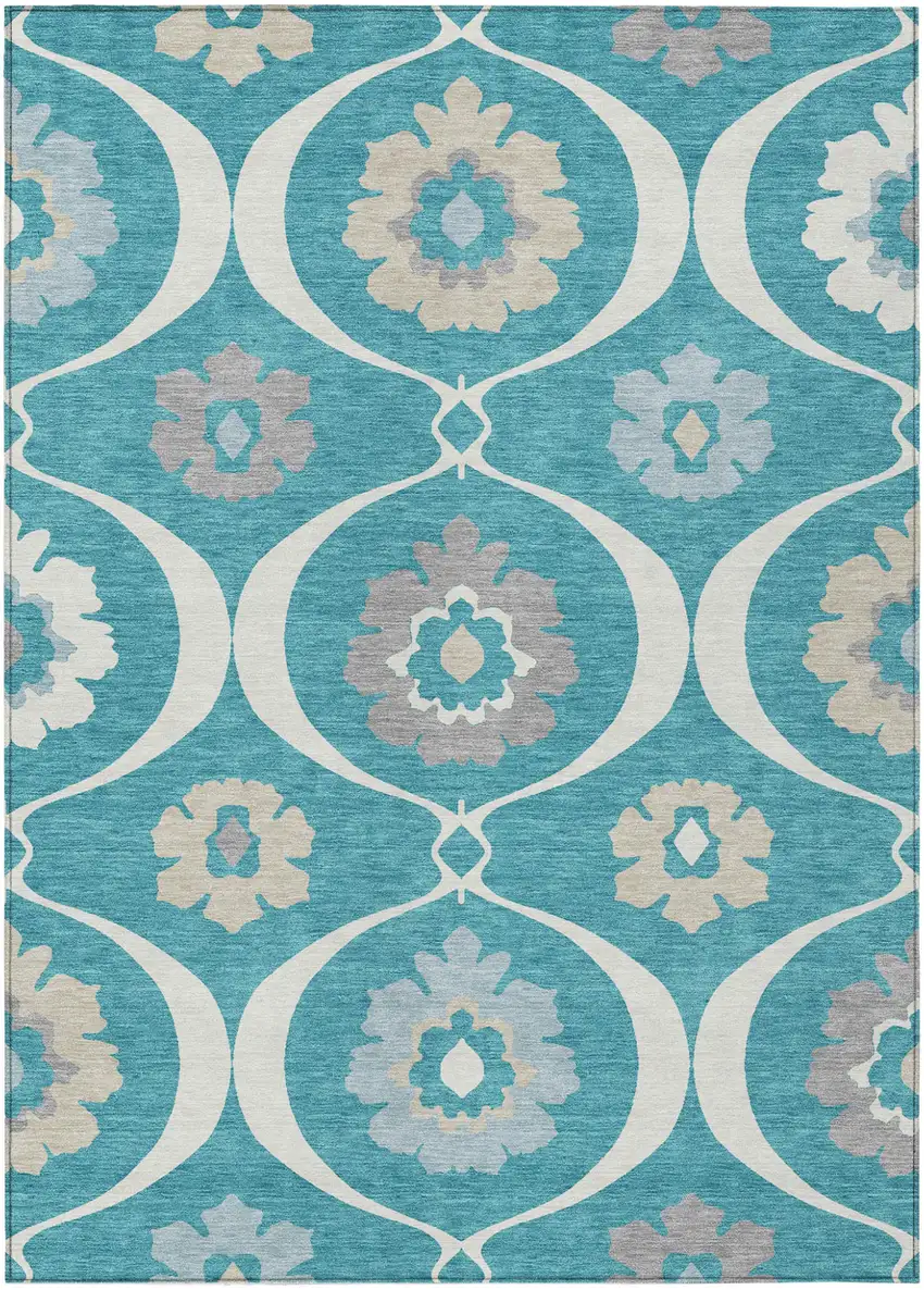 Teal Blue Gray And Beige Medallion Washable Indoor Outdoor Area Rug Photo 2