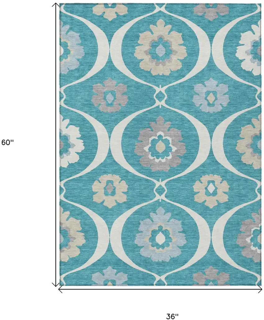 Teal Blue Gray And Beige Medallion Washable Indoor Outdoor Area Rug Photo 3