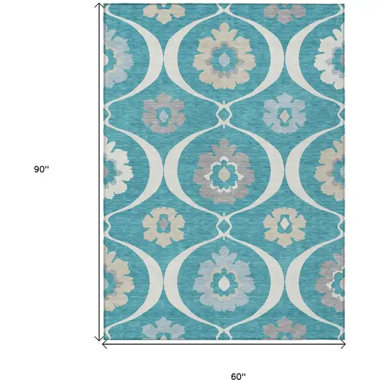 Teal Blue Gray And Beige Medallion Washable Indoor Outdoor Area Rug Photo 3