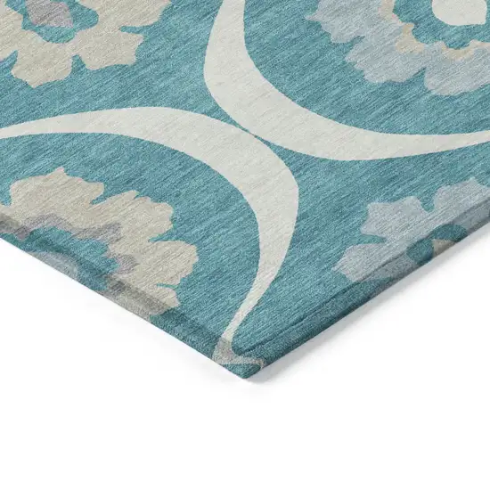 Teal Blue Gray And Beige Medallion Washable Indoor Outdoor Area Rug Photo 5