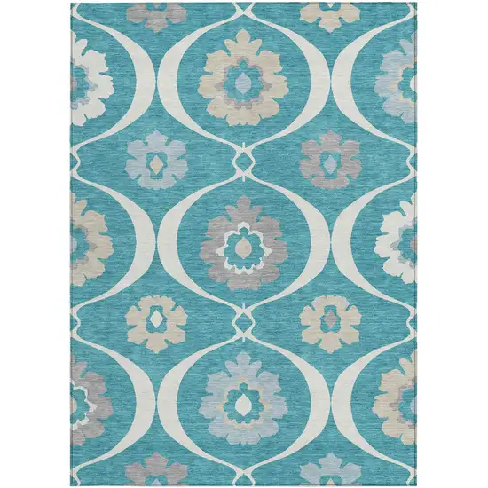 Teal Blue Gray And Beige Medallion Washable Indoor Outdoor Area Rug Photo 8
