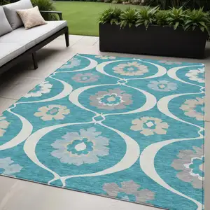 Photo of Teal Blue Gray And Beige Medallion Washable Indoor Outdoor Area Rug