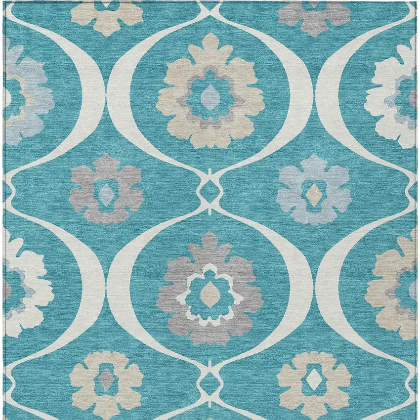 Teal Blue Gray And Beige Medallion Washable Indoor Outdoor Area Rug Photo 7