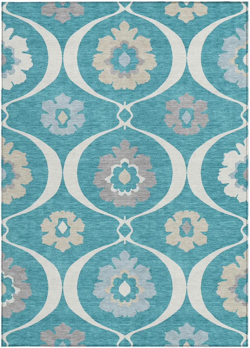 Teal Blue Gray And Beige Medallion Washable Indoor Outdoor Area Rug Photo 8
